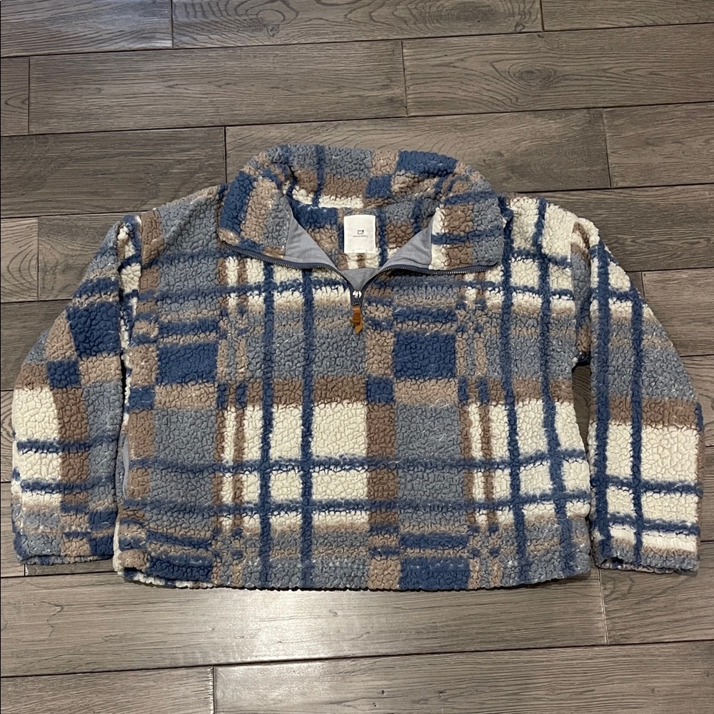 Thread & Supply Plaid Blue and Brown Teddy Quarter Zip Sweater